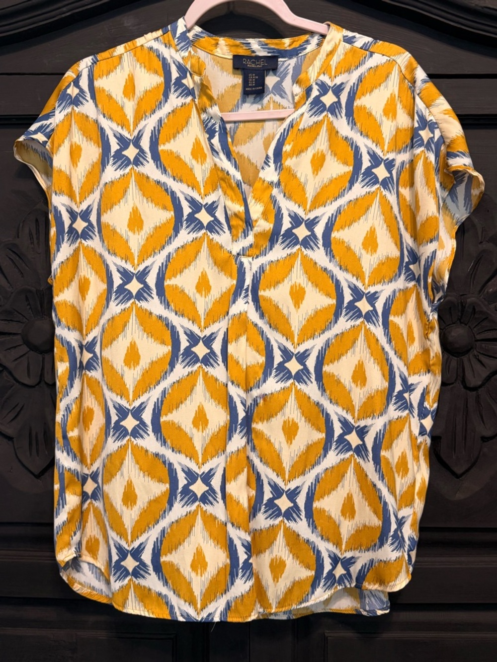 RACHEL Rachel Roy Yellow and Navy Geometric Short-Sleeve Blouse